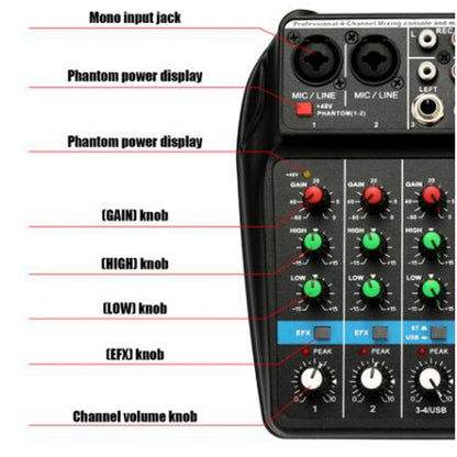 TU04 BT Sound Mixing Console Record 48V Phantom Power Monitor AUX Paths Plus Effects 4 Channels Audio Mixer with USB(Black) - Live Sound Effects Processors by buy2fix | Online Shopping UK | buy2fix