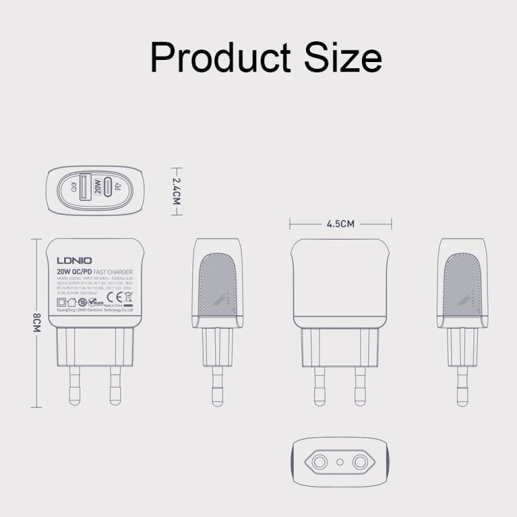 LDNIO A2316C 20W PD+QC 3.0 Phone USB Multi-hole Fast Charger EU Plug with Type-C to 8 Pin Cable - USB Charger by LDNIO | Online Shopping UK | buy2fix