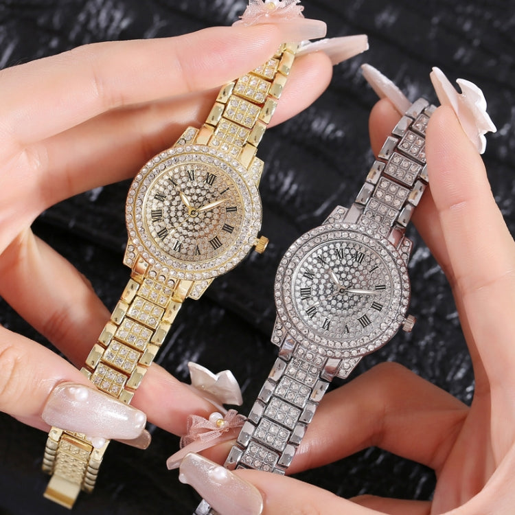 Full Diamond Roman Literal Steel Strap Quartz Watch, Color: Gold+Bracelet - Alloy Watches by buy2fix | Online Shopping UK | buy2fix