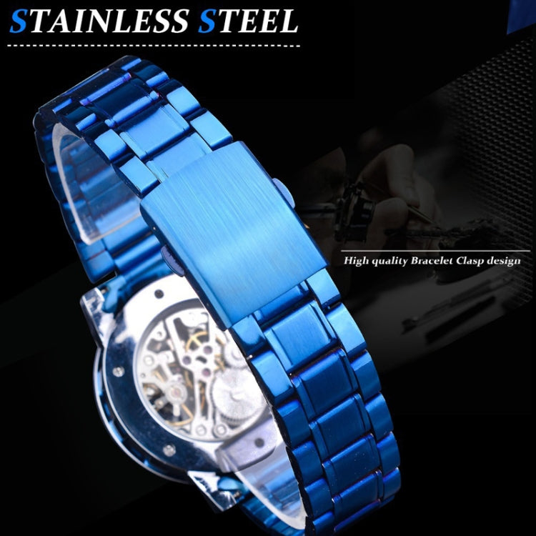Winner Leisure Skeleton Diamond Luminous Pointer Watch Men Manual Mechanical Watch(Blue Belt Black Shell Blue Face) - Metal Strap Watches by Winner | Online Shopping UK | buy2fix