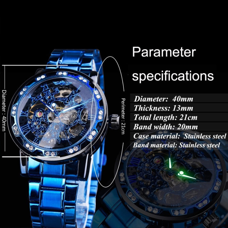 Winner Leisure Skeleton Diamond Luminous Pointer Watch Men Manual Mechanical Watch(Blue Belt Silver Shell Blue Face) - Metal Strap Watches by Winner | Online Shopping UK | buy2fix