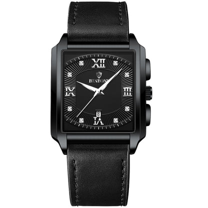 BINBOND B4143 Rectangular Outdoor Men Waterproof Quartz Watches(Black Leather-Black Steel-White) - Metal Strap Watches by BINBOND | Online Shopping UK | buy2fix