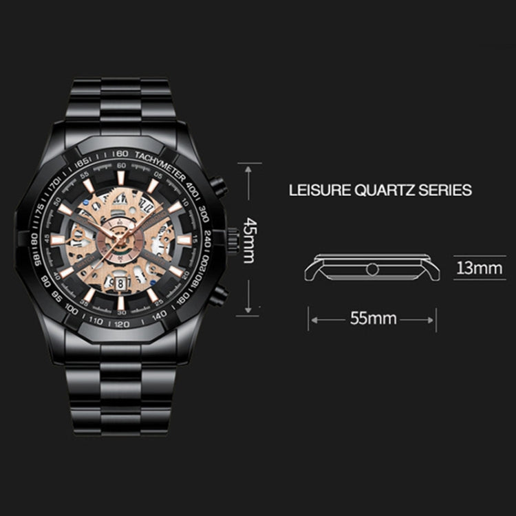 BINBOND S033 Hollowed Mechanical 30m Waterproof Luminous Quartz Watch, Color: Black Steel-Rose Gold-Black - Metal Strap Watches by BINBOND | Online Shopping UK | buy2fix