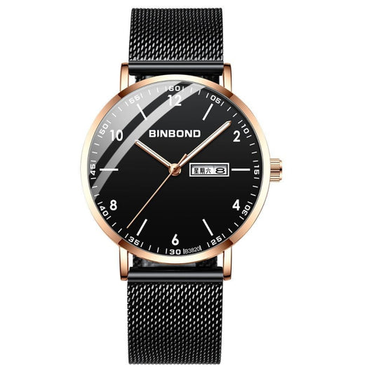 BINBOND B3820 30M Waterproof Ultra-thin Quartz Luminous Starry Watch, Color: Black Net-Rose Gold-Black - Metal Strap Watches by BINBOND | Online Shopping UK | buy2fix