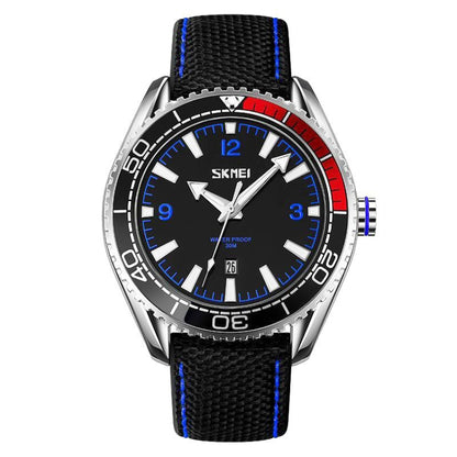 SKMEI 9291 Rotatable Dial Men Watch Outdoor Casual Business Waterproof Quartz Watch(Blue) - Leather Strap Watches by SKMEI | Online Shopping UK | buy2fix