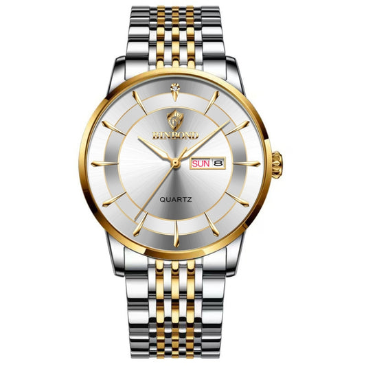 BINBOND B2077 30M Waterproof Quartz Luminous Watch Butterfly Buckle Men's Steel Belt Watch(Inter-gold-White) - Metal Strap Watches by BINBOND | Online Shopping UK | buy2fix