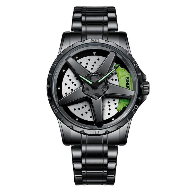 BINBOND D002 Car Hub Dial Multifunctional Waterproof and Wear-resistant Men's Watch(Black Steel-Green) - Metal Strap Watches by BINBOND | Online Shopping UK | buy2fix