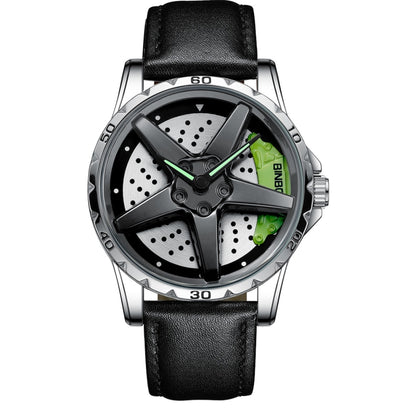 BINBOND D002 Car Hub Dial Multifunctional Waterproof and Wear-resistant Men's Watch(Black Leather-White-Green) - Leather Strap Watches by BINBOND | Online Shopping UK | buy2fix