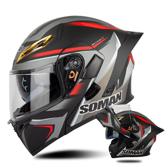 SOMAN Motorcycle Dual Lens Riding Peel-Off Full Coverage Helmet, Size: L(Red Gray Vision) - Helmets by SOMAN | Online Shopping UK | buy2fix