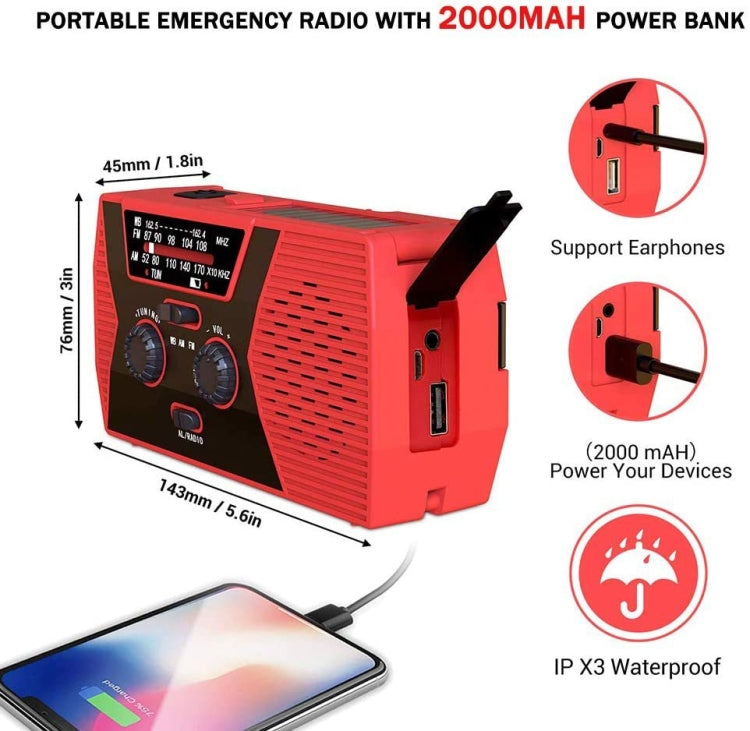 AM/FM/NoAA 2000mAh Emergency Radio Portable Hand Crank Solar Powered Radio(Red) - Radio Player by buy2fix | Online Shopping UK | buy2fix