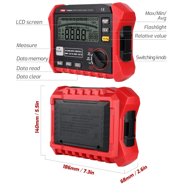 TASI TA862A Ground Resistor Tester Grounding Voltage Measurement High Precision Digital Resistance Meter - Battery & Resistance Tester by TASI | Online Shopping UK | buy2fix