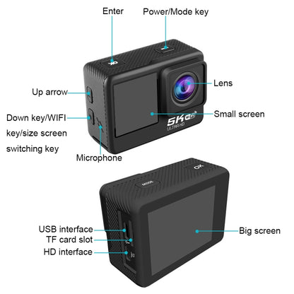 5K/30FPS WIFI HD Anti-Shake Remote Touch Dual-Screen IP68 Waterproof Sports Camera, Style: Camera+128G Card - Other Camera by buy2fix | Online Shopping UK | buy2fix