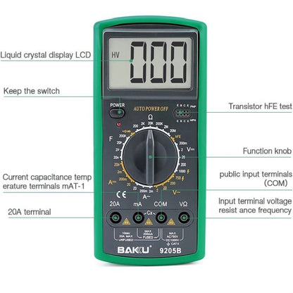 BAKU BK-9205B Measuring Capacitance Current Large Screen Display All-round Burn-proof Digital Multimeter - Digital Multimeter by BAKU | Online Shopping UK | buy2fix